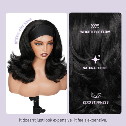 Wigaga Headband Wig for Women, Glueless No-Lace Wear &amp; Go Wig, 18 Inch Premium Soft Lightweight Heat-Resistant Fiber Synthetic Wig, Layered Body Wave Wig , Pre-Plucked Natural Hairline, Beginner Friendly 200% Density