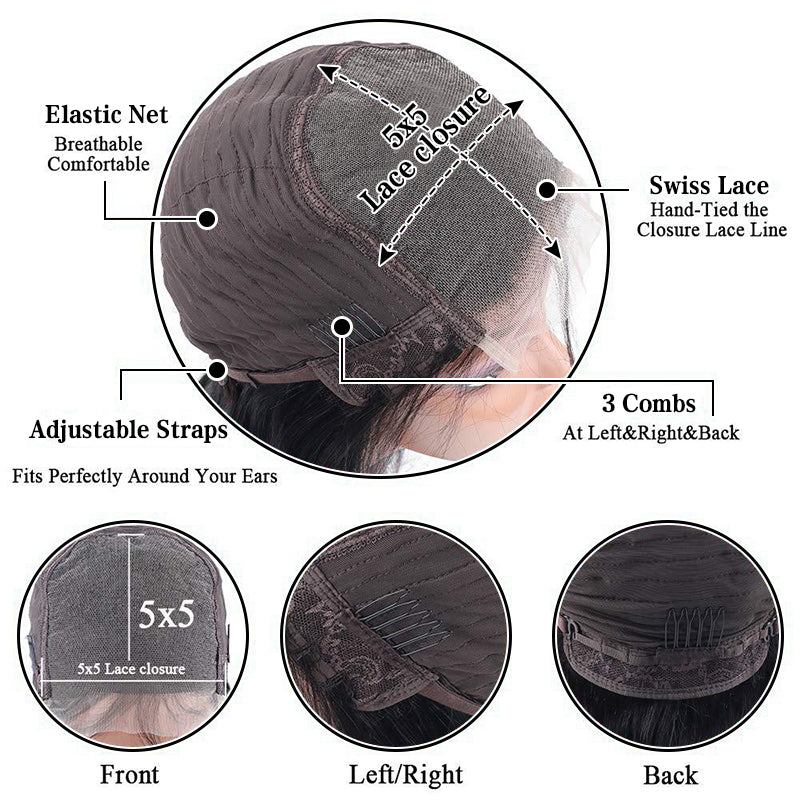 Wesface Deep Wave 5x5 Lace Closure Wig Natural Black Human Hair Wig