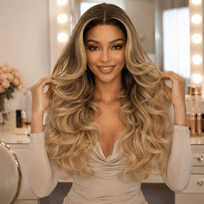 Wigaga 28 Inch Ombre Brown Body Wave Wig, 13x4x1 HD Lace Glueless T-Part Lace Front Synthetic Wigs for Women, Pre-Plucked Hairline with Baby Hair, Soft Lightweight Heat-Resistant Premium Fiber, Middle Part Free Small Wavy, 200% Density