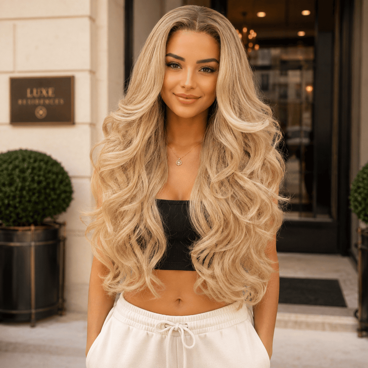 Wigaga 28 Inch Ombre Body Wave Wig, 13x4x1 HD Lace Glueless T-Part Lace Front Synthetic Wig for Women, Pre-Plucked Natural Hairline with Baby Hair, 200% Density, Soft Lightweight Heat-Resistant Premium Fiber, Middle Part Free Small Wavy