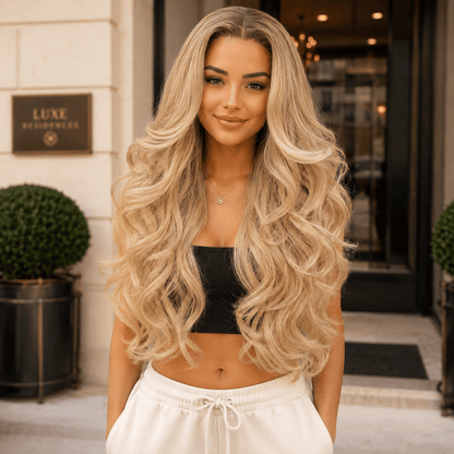 Wigaga 28 Inch Ombre Body Wave Wig, 13x4x1 HD Lace Glueless T-Part Lace Front Synthetic Wig for Women, Pre-Plucked Natural Hairline with Baby Hair, 200% Density, Soft Lightweight Heat-Resistant Premium Fiber, Middle Part Free Small Wavy