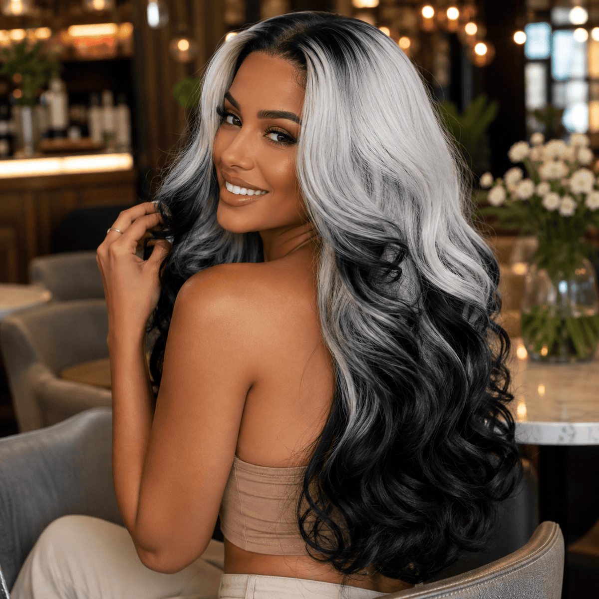 Wigaga 28 Inch Ombre Blonde Black Body Wave Wig, 13x4x1 HD Lace Glueless T-Part Lace Front Synthetic Wigs for Women, Pre-Plucked Hairline with Baby Hair, Soft Lightweight Heat-Resistant Premium Fiber, Middle Part Free Small Wavy, 200% Density
