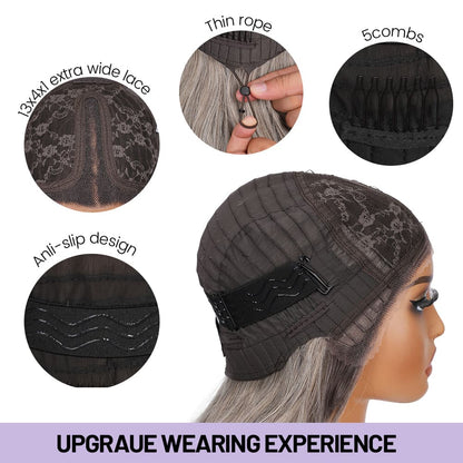 Wigaga 28 Inch Ombre Body Wave Wig, 13x4x1 HD Lace Glueless T-Part Lace Front Synthetic Wig for Women, Pre-Plucked Natural Hairline with Baby Hair, 200% Density, Soft Lightweight Heat-Resistant Premium Fiber, Middle Part Free Small Wavy