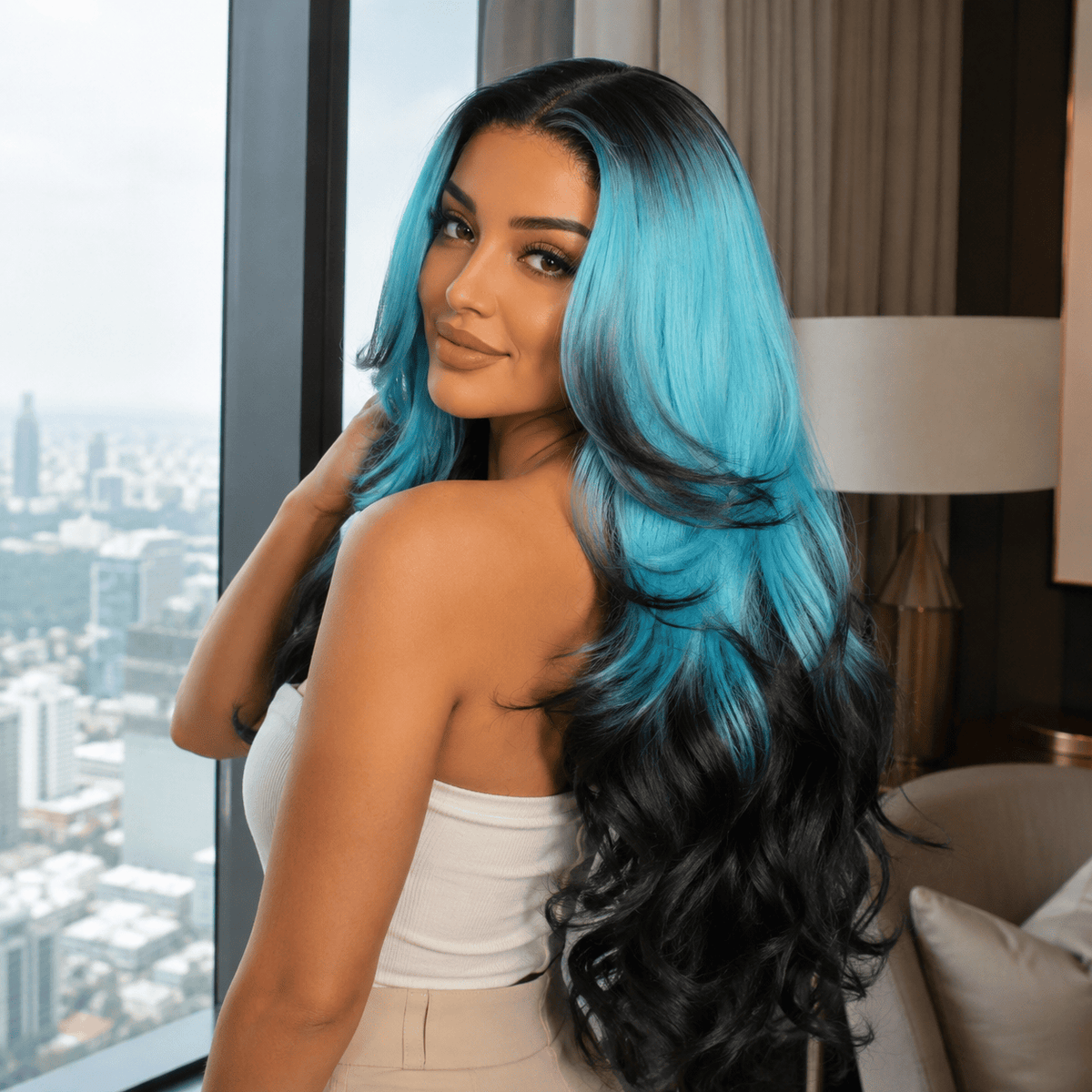 Wigaga 28 Inch Ombre Body Wave Wig, 13x4x1 HD Lace Glueless T-Part Lace Front Synthetic Wig for Women, Pre-Plucked Natural Hairline with Baby Hair, 200% Density, Soft Lightweight Heat-Resistant Premium Fiber, Middle Part Free Small Wavy