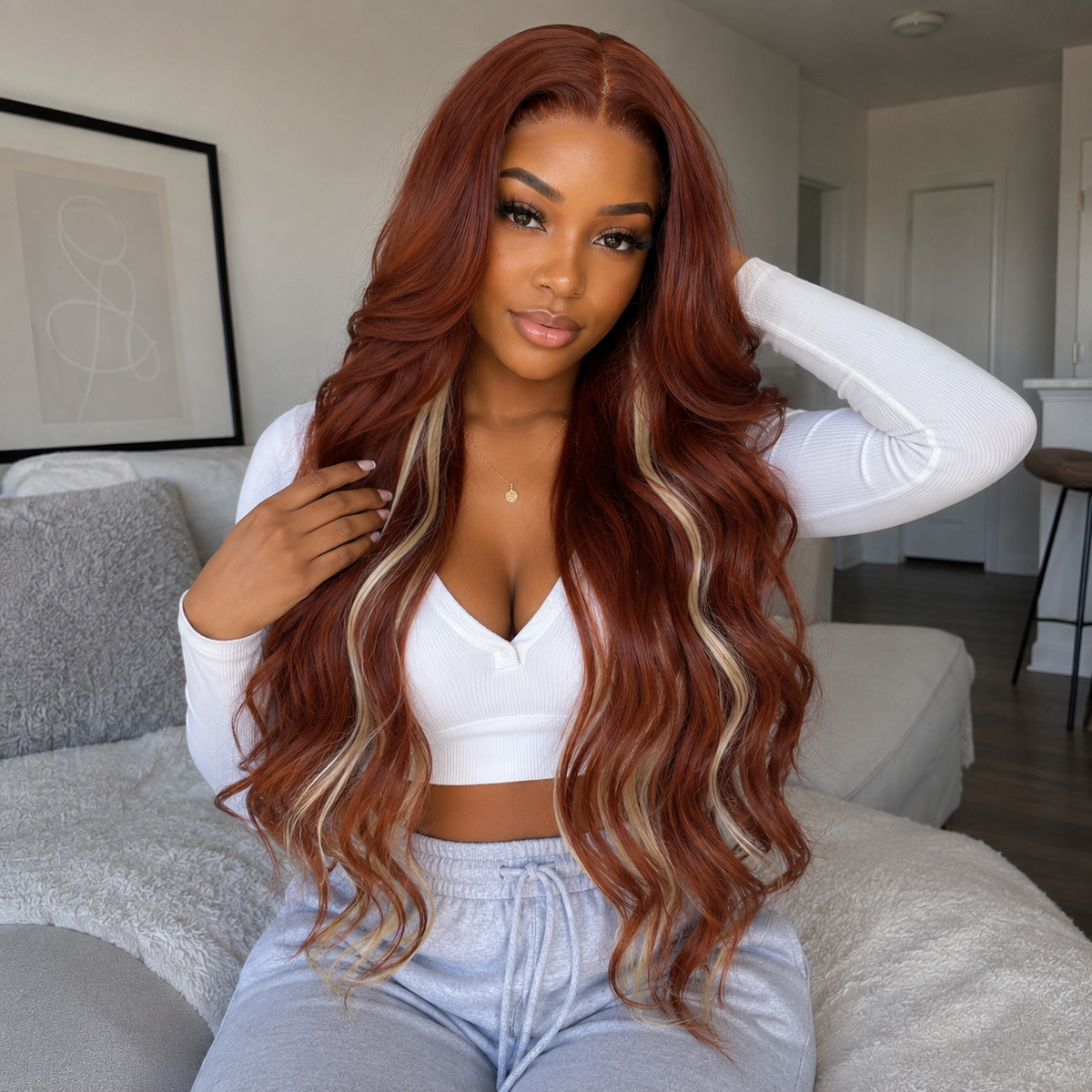 Wigaga 28 Inch Ombre Body Wave Wig, 13x4x1 HD Lace Glueless T-Part Lace Front Synthetic Wig for Women, Pre-Plucked Natural Hairline with Baby Hair, 200% Density, Soft Lightweight Heat-Resistant Premium Fiber, Middle Part Free Small Wavy