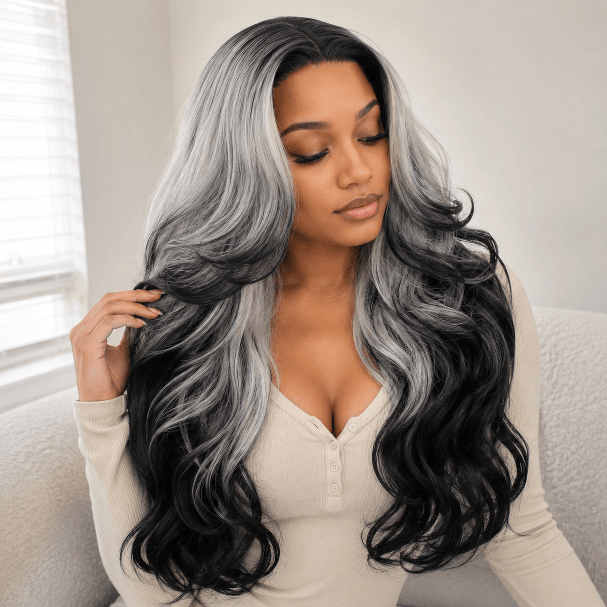 Wigaga 28 Inch Ombre Body Wave Wig, 13x4x1 HD Lace Glueless T-Part Lace Front Synthetic Wig for Women, Pre-Plucked Natural Hairline with Baby Hair, 200% Density, Soft Lightweight Heat-Resistant Premium Fiber, Middle Part Free Small Wavy