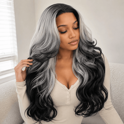 Wigaga 28 Inch Ombre Body Wave Wig, 13x4x1 HD Lace Glueless T-Part Lace Front Synthetic Wig for Women, Pre-Plucked Natural Hairline with Baby Hair, 200% Density, Soft Lightweight Heat-Resistant Premium Fiber, Middle Part Free Small Wavy