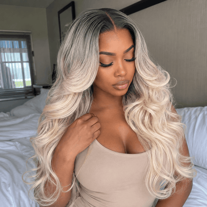 Wigaga 28 Inch Ombre Yellow Gray Body Wave Wig, 13x4x1 HD Lace Glueless T-Part Lace Front Synthetic Wig for Women, Pre-Plucked Natural Hairline with Baby Hair, 200% Density, Soft Lightweight Heat-Resistant Premium Fiber