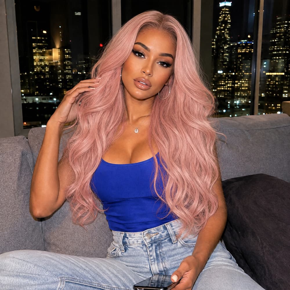 Wigaga 28 Inch Ombre Body Wave Wig, 13x4x1 HD Lace Glueless T-Part Lace Front Synthetic Wig for Women, Pre-Plucked Natural Hairline with Baby Hair, 200% Density, Soft Lightweight Heat-Resistant Premium Fiber, Middle Part Free Small Wavy