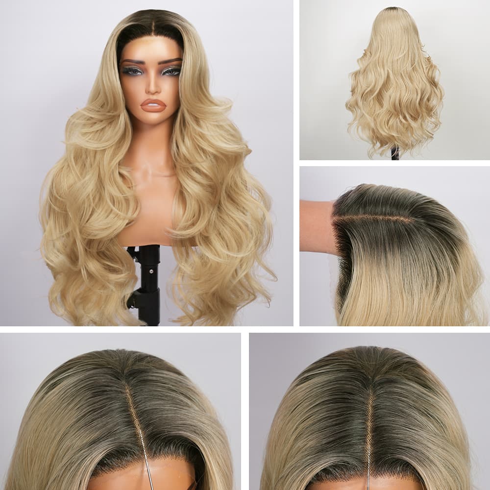 Wigaga 28 inch Cookie Ombre Body Wave Wig , 13x4x1 HD Lace Glueless T-Part Lace Front Synthetic Wig for Women, Pre-Plucked Natural Hairline with Baby Hair, 200% Density Soft Lightweight Heat-Resistant Premium Fiber, Middle Part Small Wavy