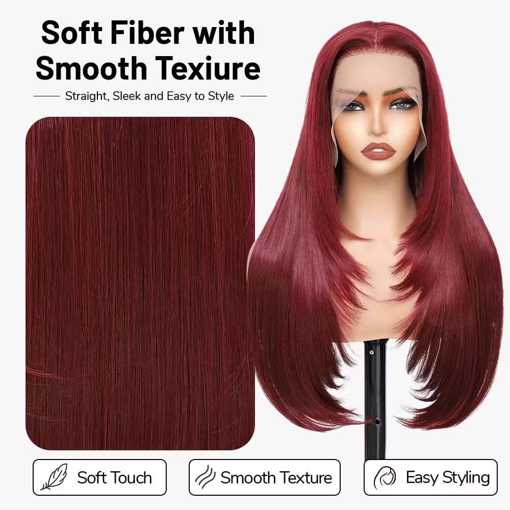 Synthetic Lace Front Wig 13x4 HD Lace Layered Hairstyle Pre Plucked Hairline Straight Long Black Glueless Wigs for Black Women 26 Inch Beginner Friendly