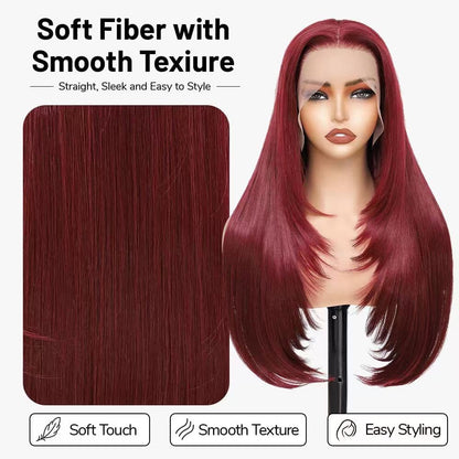 Synthetic Lace Front Wig 13x4 HD Lace Layered Hairstyle Pre Plucked Hairline Straight Long Black Glueless Wigs for Black Women 26 Inch Beginner Friendly
