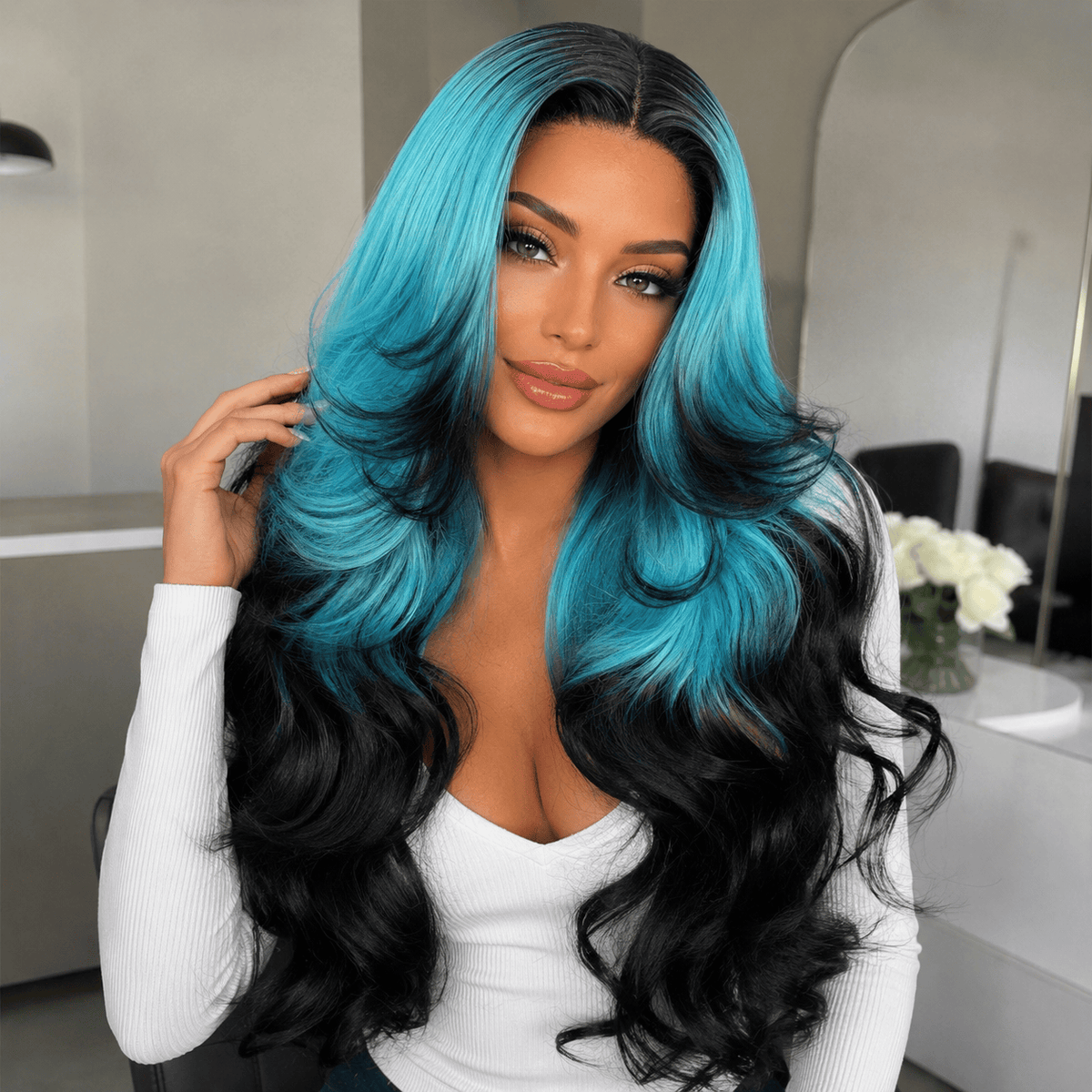 Wigaga 28 Inch Ombre Teal Black Body Wave Wig, 13x4x1 HD Lace Glueless T-Part Lace Front Synthetic Wig for Women, Pre-Plucked Natural Hairline with Baby Hair, 200% Density, Soft Lightweight Heat-Resistant Premium Fiber