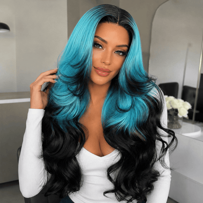 Wigaga 28 Inch Ombre Teal Black Body Wave Wig, 13x4x1 HD Lace Glueless T-Part Lace Front Synthetic Wig for Women, Pre-Plucked Natural Hairline with Baby Hair, 200% Density, Soft Lightweight Heat-Resistant Premium Fiber