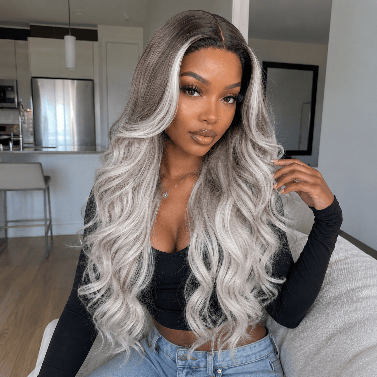 Wigaga 28 Inch Ombre Body Wave Wig, 13x4x1 HD Lace Glueless T-Part Lace Front Synthetic Wig for Women, Pre-Plucked Natural Hairline with Baby Hair, 200% Density, Soft Lightweight Heat-Resistant Premium Fiber, Middle Part Free Small Wavy