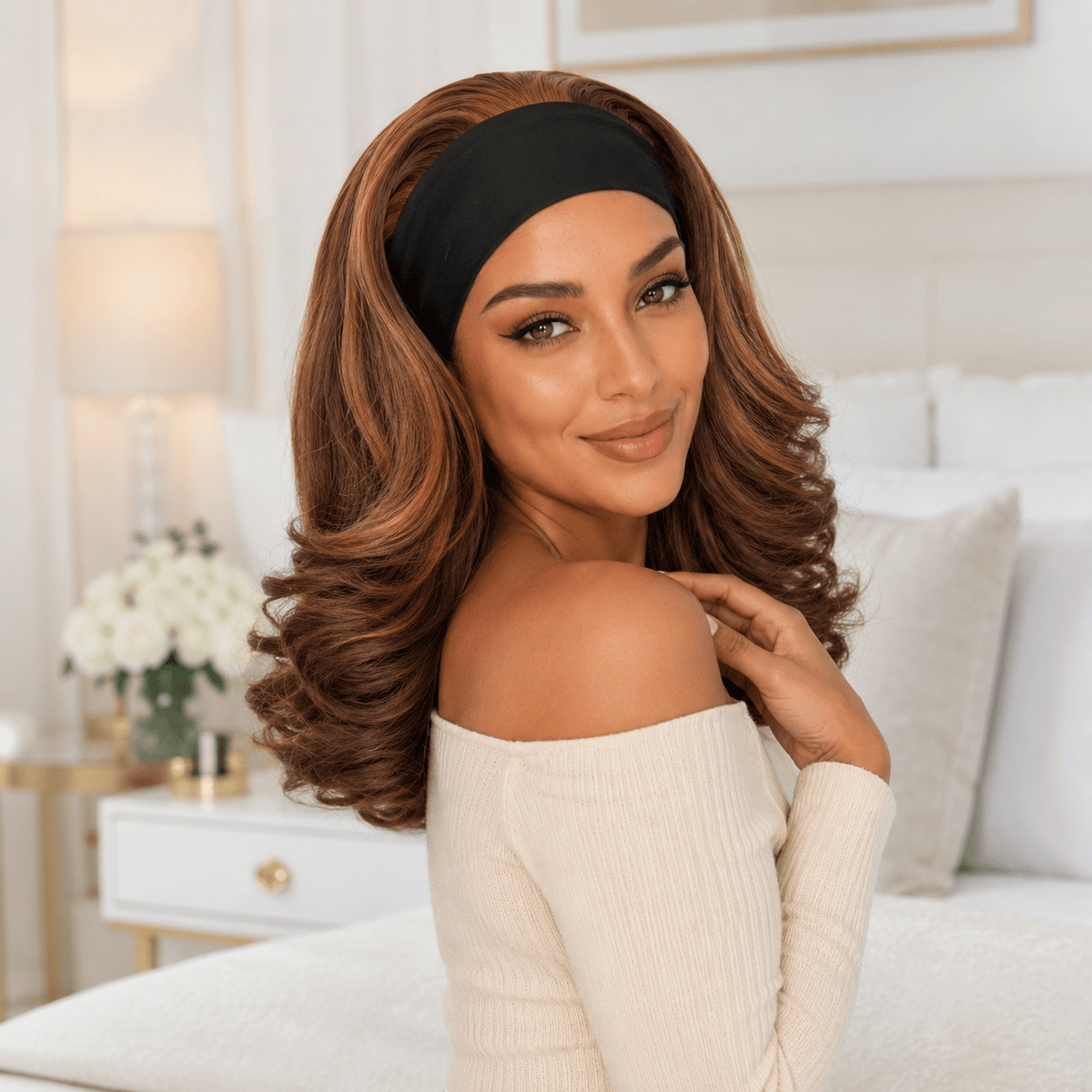 Wigaga Headband Wig for Women, Glueless No-Lace Wear &amp; Go Wig, 18 Inch Premium Soft Lightweight Heat-Resistant Fiber Synthetic Wig, Layered Body Wave Wig , Pre-Plucked Natural Hairline, Beginner Friendly 200% Density