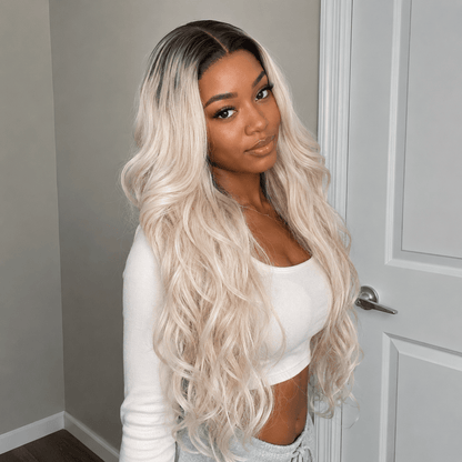 Wigaga 28 Inch Ombre Ice Cream Body Wave Wig, 13x4x1 HD Lace Glueless T-Part Lace Front Synthetic Wig for Women, Pre-Plucked Natural Hairline with Baby Hair, 200% Density, Soft Lightweight Heat-Resistant Premium Fiber