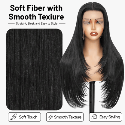 Synthetic Lace Front Wig 13x4 HD Lace Layered Hairstyle Pre Plucked Hairline Straight Long Black Glueless Wigs for Black Women 26 Inch Beginner Friendly