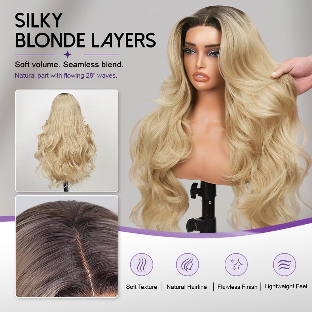 Wigaga 28 inch Cookie Ombre Body Wave Wig , 13x4x1 HD Lace Glueless T-Part Lace Front Synthetic Wig for Women, Pre-Plucked Natural Hairline with Baby Hair, 200% Density Soft Lightweight Heat-Resistant Premium Fiber, Middle Part Small Wavy