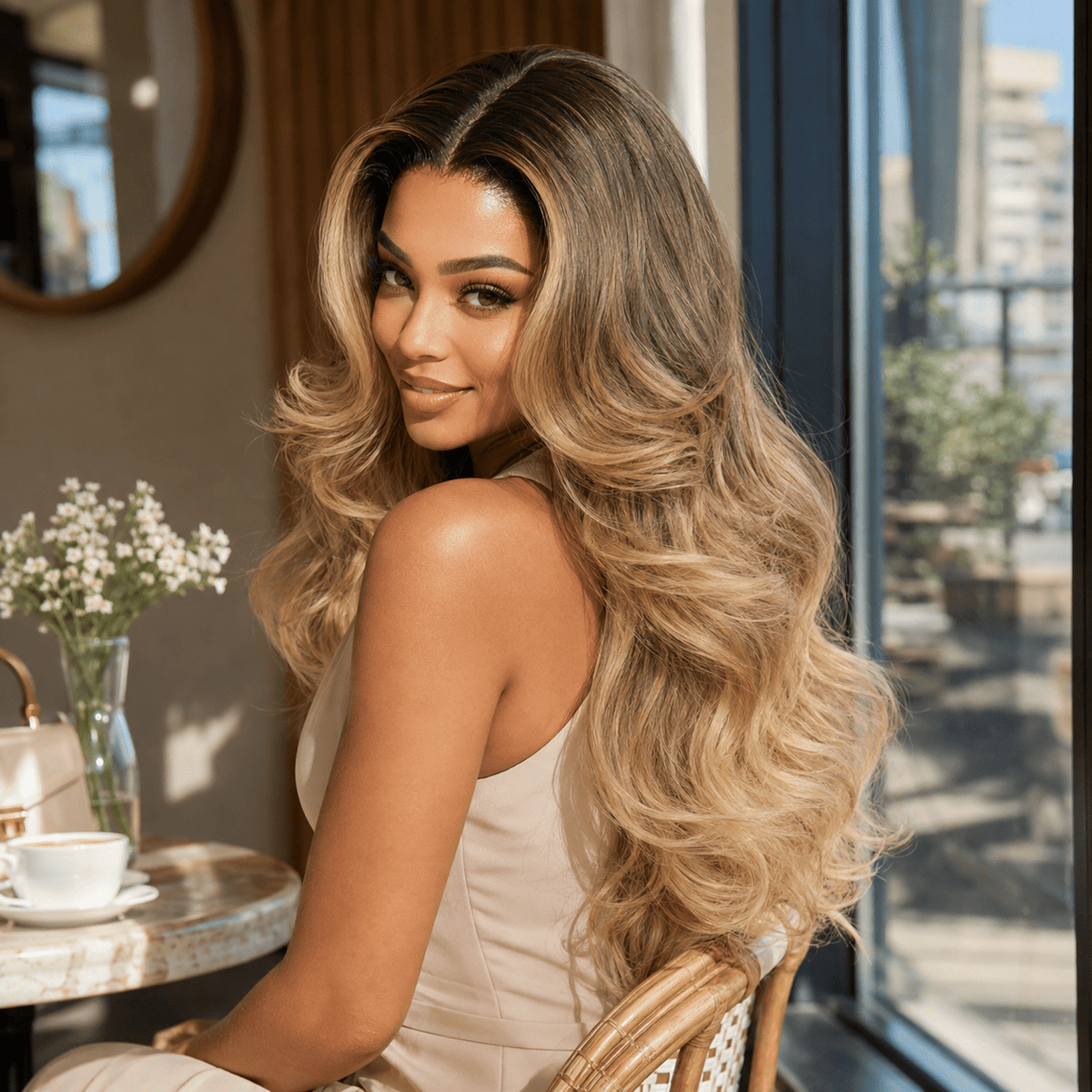 Wigaga 28 Inch Ombre Body Wave Wig, 13x4x1 HD Lace Glueless T-Part Lace Front Synthetic Wig for Women, Pre-Plucked Natural Hairline with Baby Hair, 200% Density, Soft Lightweight Heat-Resistant Premium Fiber, Middle Part Free Small Wavy