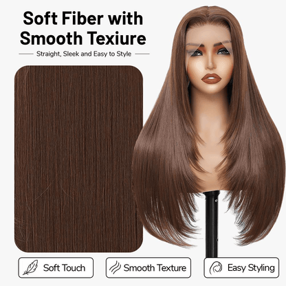 Synthetic Lace Front Wig 13x4 HD Lace Layered Hairstyle Pre Plucked Hairline Straight Long Black Glueless Wigs for Black Women 26 Inch Beginner Friendly