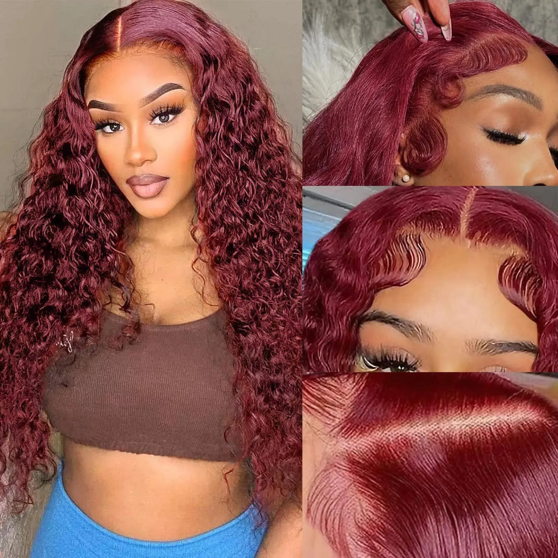 Wesface Hair 99J Burgundy Deep Wave 13x6 Transparent Lace Frontal Wigs Red Colored  Human Hair Wigs For Women