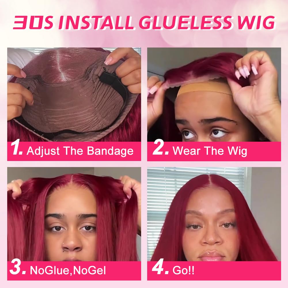 Easy to Go Glueless Wig Pre Cut 99J Burgundy 6x4 Straight HD Lace Closure Wigs Human Hair With Pre Plucked Glueless Red Wig Wine Red