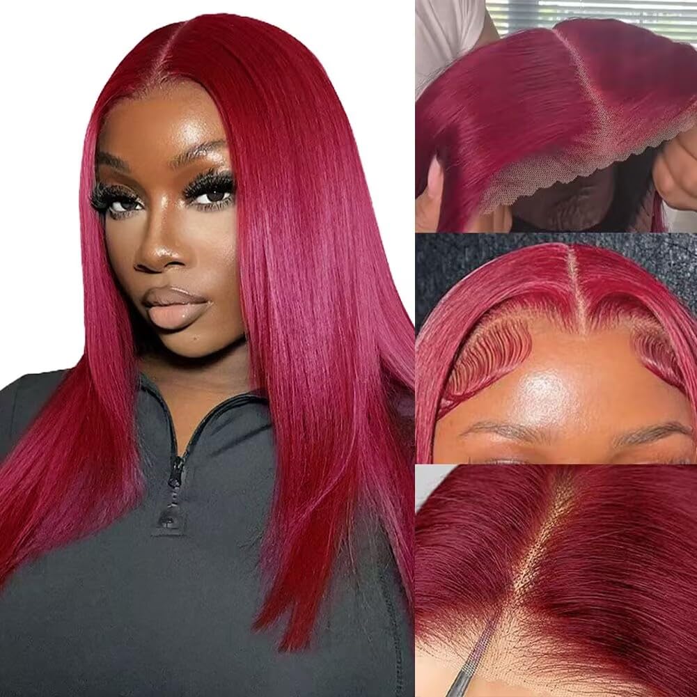 Peruca sem cola fácil de usar pré-cortada 99J Borgonha 6x4 reta HD Lace Closure perucas cabelo humano com pré-arrancado sem cola peruca vermelha vinho tinto