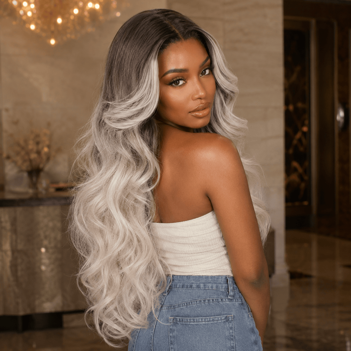 Wigaga 28 Inch Ombre Body Wave Wig, 13x4x1 HD Lace Glueless T-Part Lace Front Synthetic Wig for Women, Pre-Plucked Natural Hairline with Baby Hair, 200% Density, Soft Lightweight Heat-Resistant Premium Fiber, Middle Part Free Small Wavy