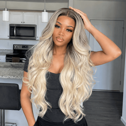 Wigaga 28 Inch Ombre Yellow Gray Body Wave Wig, 13x4x1 HD Lace Glueless T-Part Lace Front Synthetic Wig for Women, Pre-Plucked Natural Hairline with Baby Hair, 200% Density, Soft Lightweight Heat-Resistant Premium Fiber