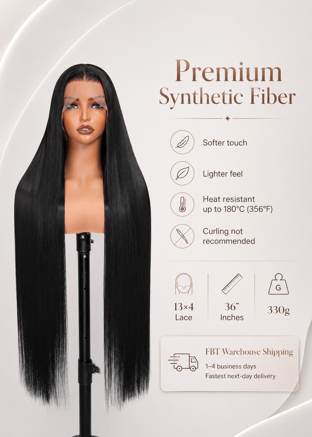 Wigaga Glueless 13x4 HD Lace Front Wig, 36 Inch Long Straight Synthetic Wig for Women, Middle Part Lace Wigs with Pre-Plucked Natural Hairline and Baby Hair, 200% Density Soft Lightweight Heat Resistant Fiber