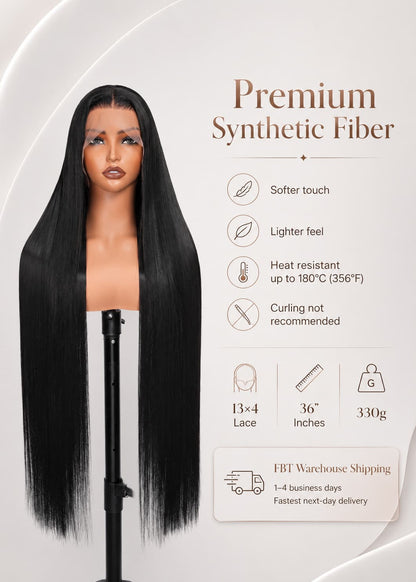 Wigaga Glueless 13x4 HD Lace Front Wig, 36 Inch Long Straight Synthetic Wig for Women, Middle Part Lace Wigs with Pre-Plucked Natural Hairline and Baby Hair, 200% Density Soft Lightweight Heat Resistant Fiber