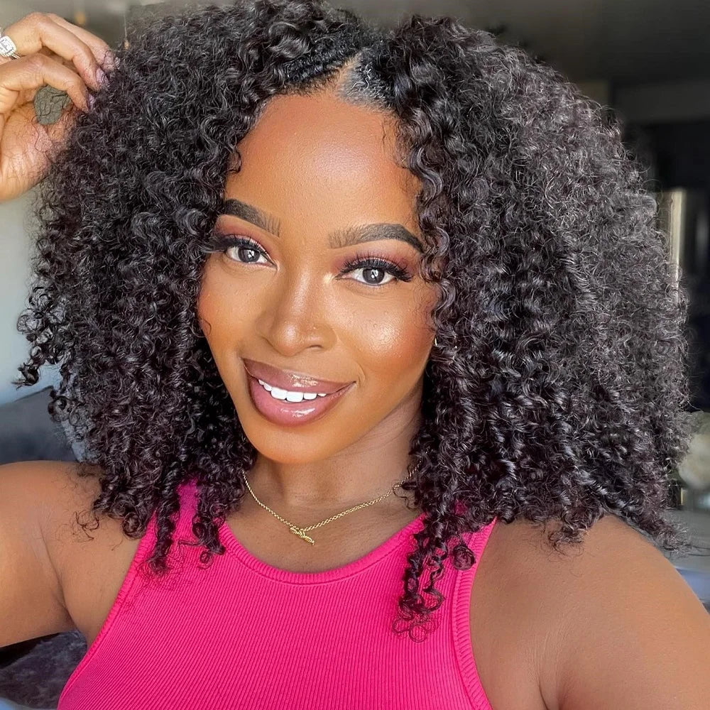 Wesface 180% Density V Shape Wig Afro Curly Human Hair V Part Wig Short Curly Machine Made No Leave Out New V Part Wigs For Women