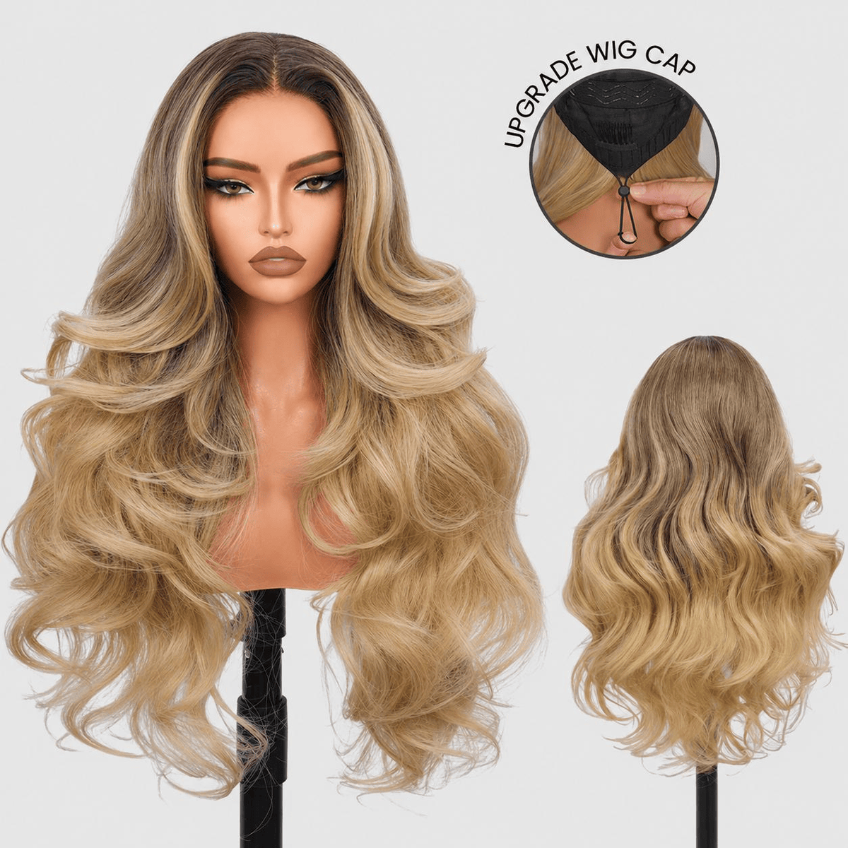 Wigaga 28 Inch Ombre Blonde Body Wave Wig, 13x4x1 HD Lace Glueless T-Part Lace Front Synthetic Wig for Women, Pre-Plucked Natural Hairline with Baby Hair, 200% Density, Soft Lightweight Heat-Resistant Premium Fiber, Middle Part Free Small Wavy