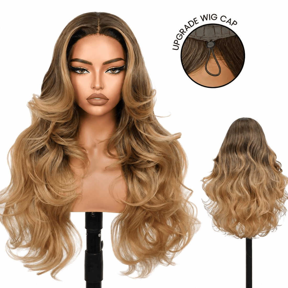 Wigaga 28 Inch Ombre Brown Body Wave Wig, 13x4x1 HD Lace Glueless T-Part Lace Front Synthetic Wigs for Women, Pre-Plucked Hairline with Baby Hair, Soft Lightweight Heat-Resistant Premium Fiber, Middle Part Free Small Wavy, 200% Density