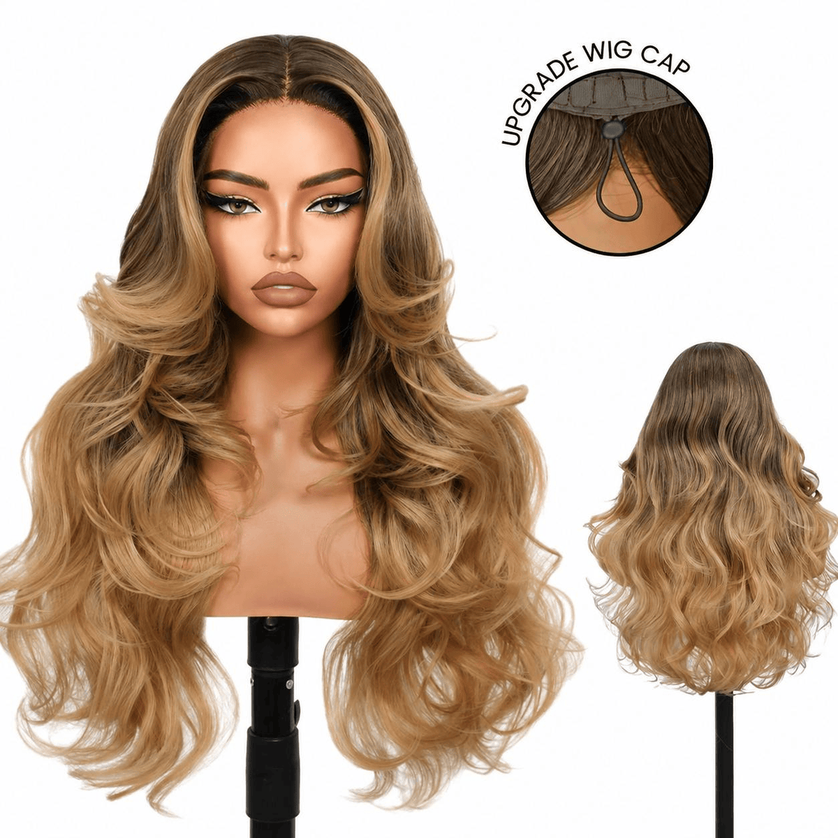 Wigaga 28 Inch Ombre Brown Body Wave Wig, 13x4x1 HD Lace Glueless T-Part Lace Front Synthetic Wigs for Women, Pre-Plucked Hairline with Baby Hair, Soft Lightweight Heat-Resistant Premium Fiber, Middle Part Free Small Wavy, 200% Density