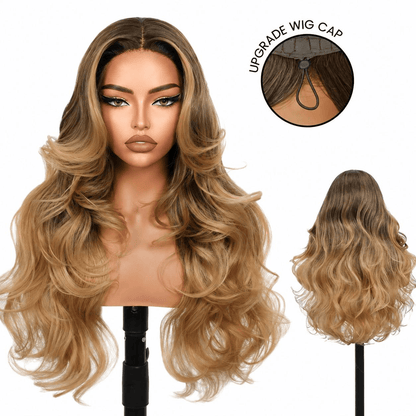 Wigaga 28 Inch Ombre Brown Body Wave Wig, 13x4x1 HD Lace Glueless T-Part Lace Front Synthetic Wigs for Women, Pre-Plucked Hairline with Baby Hair, Soft Lightweight Heat-Resistant Premium Fiber, Middle Part Free Small Wavy, 200% Density