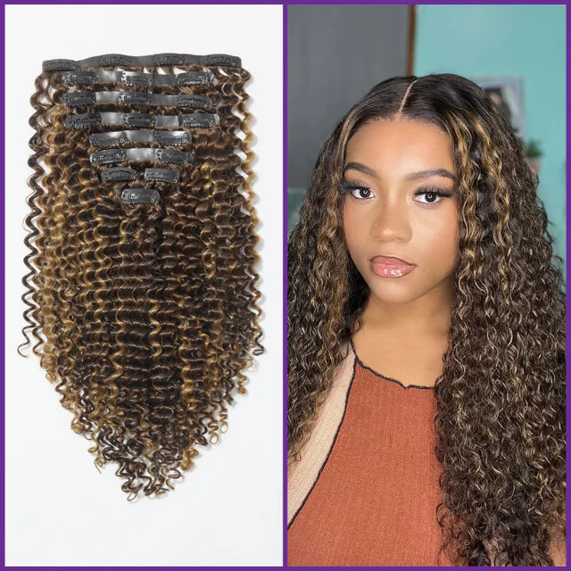 Brown Highlights Silky Straight /Curly / Kinky Curly Clip in Extensions Human Hair 135g 9pcs / 7pcs