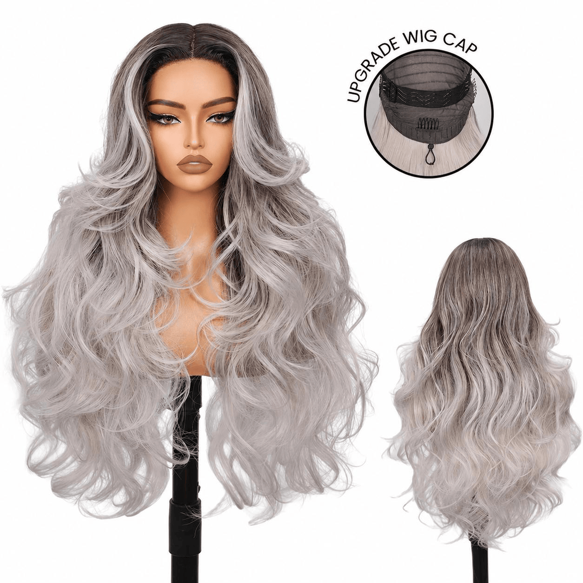 Wigaga 28 Inch Ombre Body Wave Wig, 13x4x1 HD Lace Glueless T-Part Lace Front Synthetic Wig for Women, Pre-Plucked Natural Hairline with Baby Hair, 200% Density, Soft Lightweight Heat-Resistant Premium Fiber, Middle Part Free Small Wavy