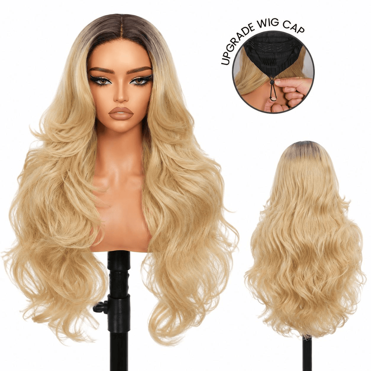 Wigaga 28 inch Ombre Flaxen Blonde Body Wave Wig, 13x4x1 HD Lace Glueless T-Part Lace Front Synthetic Wig for Women, Pre-Plucked Natural Hairline with Baby Hair, 200% Density Soft Lightweight Heat-Resistant Premium Fiber, Middle Part