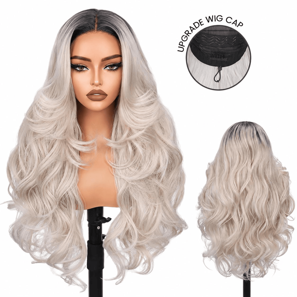 Wigaga 28 Inch Ombre Ice Cream Body Wave Wig, 13x4x1 HD Lace Glueless T-Part Lace Front Synthetic Wig for Women, Pre-Plucked Natural Hairline with Baby Hair, 200% Density, Soft Lightweight Heat-Resistant Premium Fiber