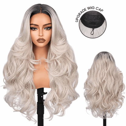 Wigaga 28 Inch Ombre Ice Cream Body Wave Wig, 13x4x1 HD Lace Glueless T-Part Lace Front Synthetic Wig for Women, Pre-Plucked Natural Hairline with Baby Hair, 200% Density, Soft Lightweight Heat-Resistant Premium Fiber