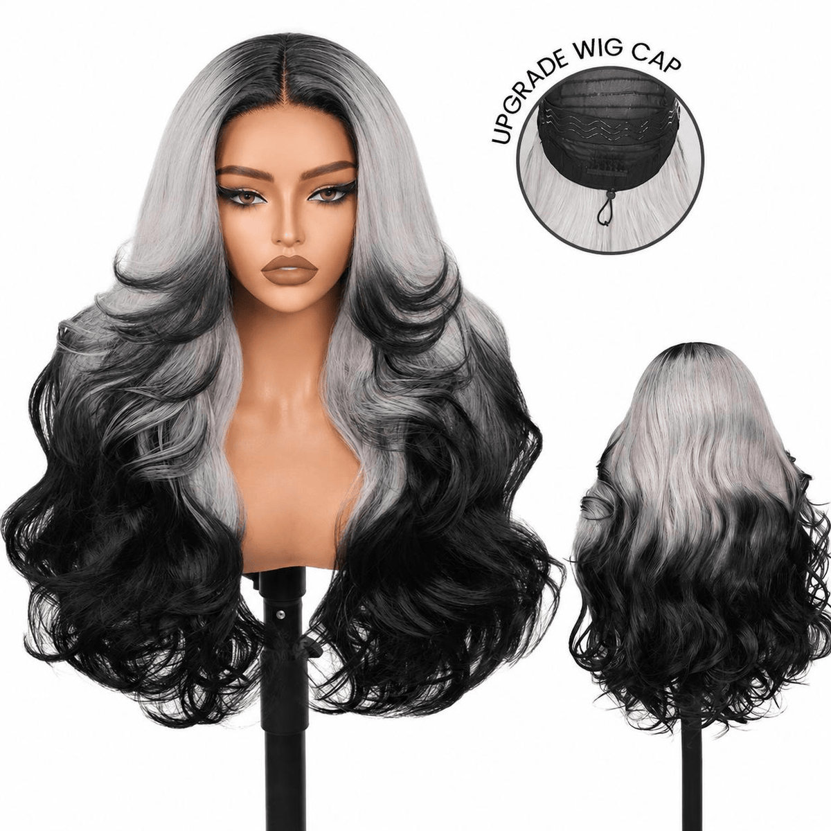 Wigaga 28 Inch Ombre Blonde Black Body Wave Wig, 13x4x1 HD Lace Glueless T-Part Lace Front Synthetic Wigs for Women, Pre-Plucked Hairline with Baby Hair, Soft Lightweight Heat-Resistant Premium Fiber, Middle Part Free Small Wavy, 200% Density
