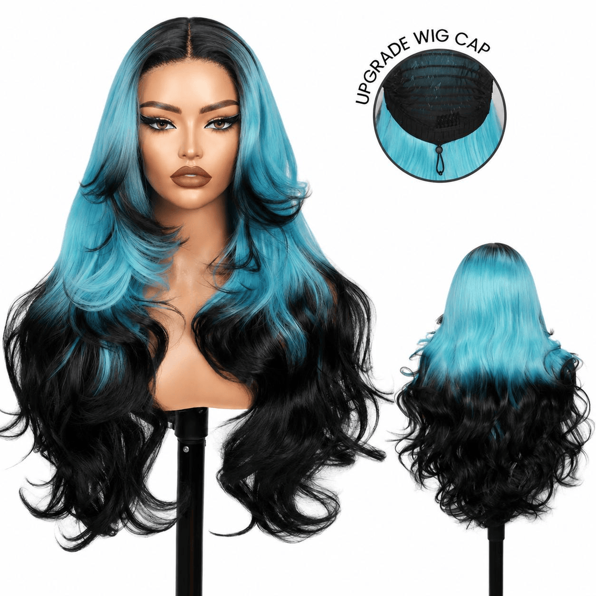 Wigaga 28 Inch Ombre Teal Black Body Wave Wig, 13x4x1 HD Lace Glueless T-Part Lace Front Synthetic Wig for Women, Pre-Plucked Natural Hairline with Baby Hair, 200% Density, Soft Lightweight Heat-Resistant Premium Fiber