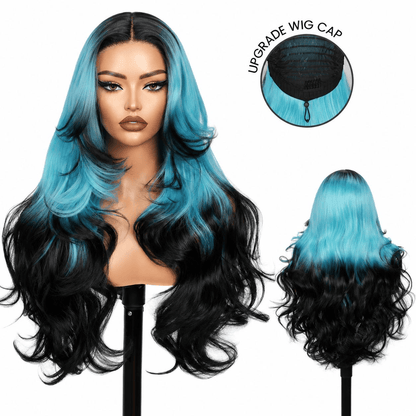 Wigaga 28 Inch Ombre Teal Black Body Wave Wig, 13x4x1 HD Lace Glueless T-Part Lace Front Synthetic Wig for Women, Pre-Plucked Natural Hairline with Baby Hair, 200% Density, Soft Lightweight Heat-Resistant Premium Fiber