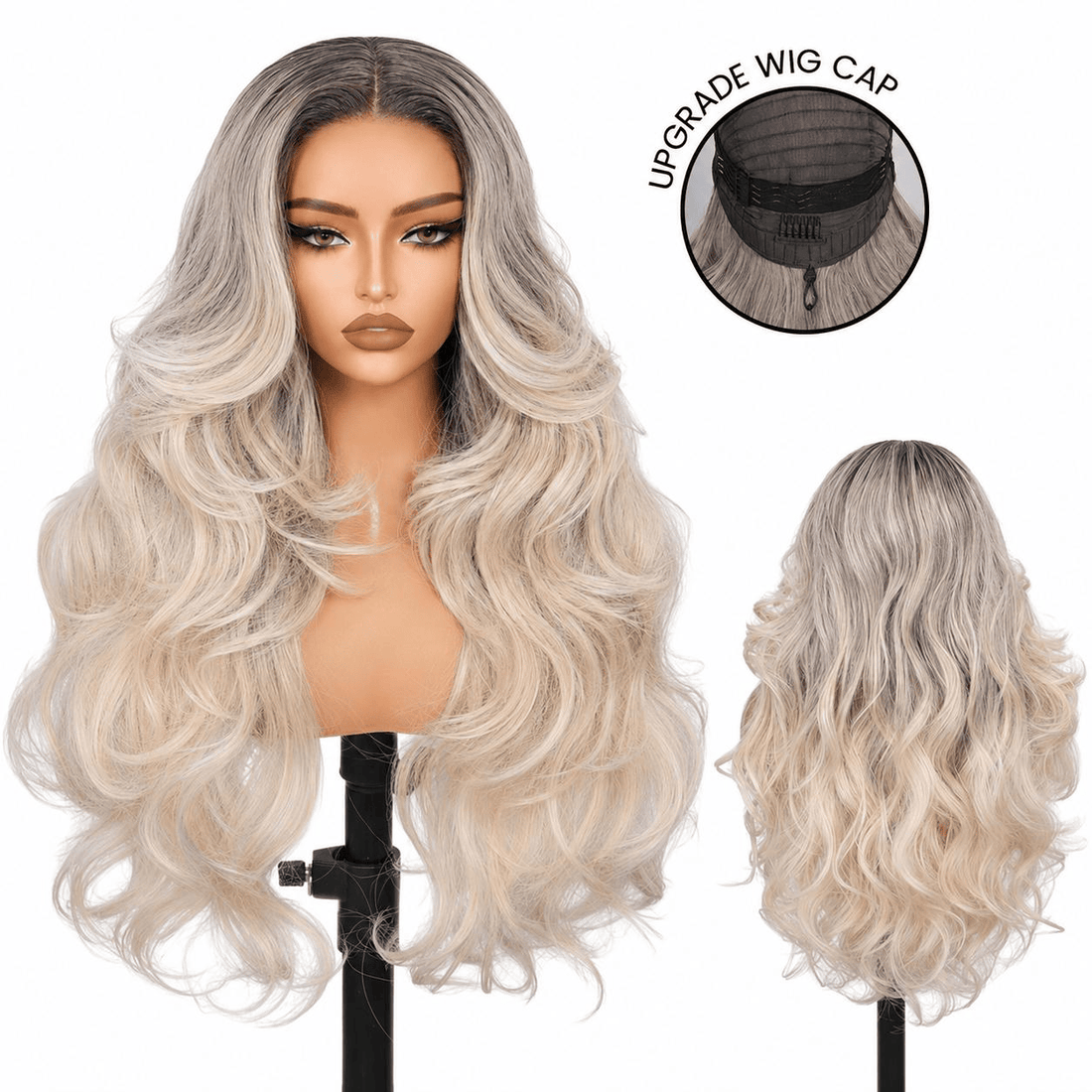 Wigaga 28 Inch Ombre Yellow Gray Body Wave Wig, 13x4x1 HD Lace Glueless T-Part Lace Front Synthetic Wig for Women, Pre-Plucked Natural Hairline with Baby Hair, 200% Density, Soft Lightweight Heat-Resistant Premium Fiber