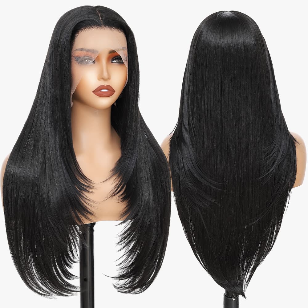 Synthetic Lace Front Wig 13x4 HD Lace Layered Hairstyle Pre Plucked Hairline Straight Long Black Glueless Wigs for Black Women 26 Inch Beginner Friendly