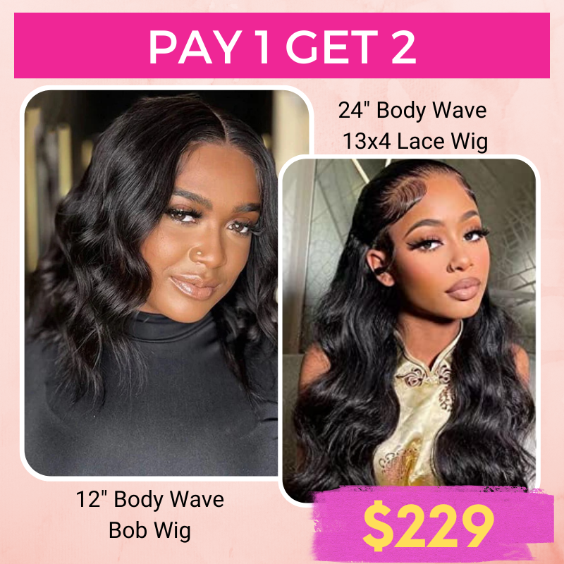 Pay 1 Get 2 Body Wave Natural Black 13x4 Lace Wig+4x4 Lace Bob Wig 180% Density