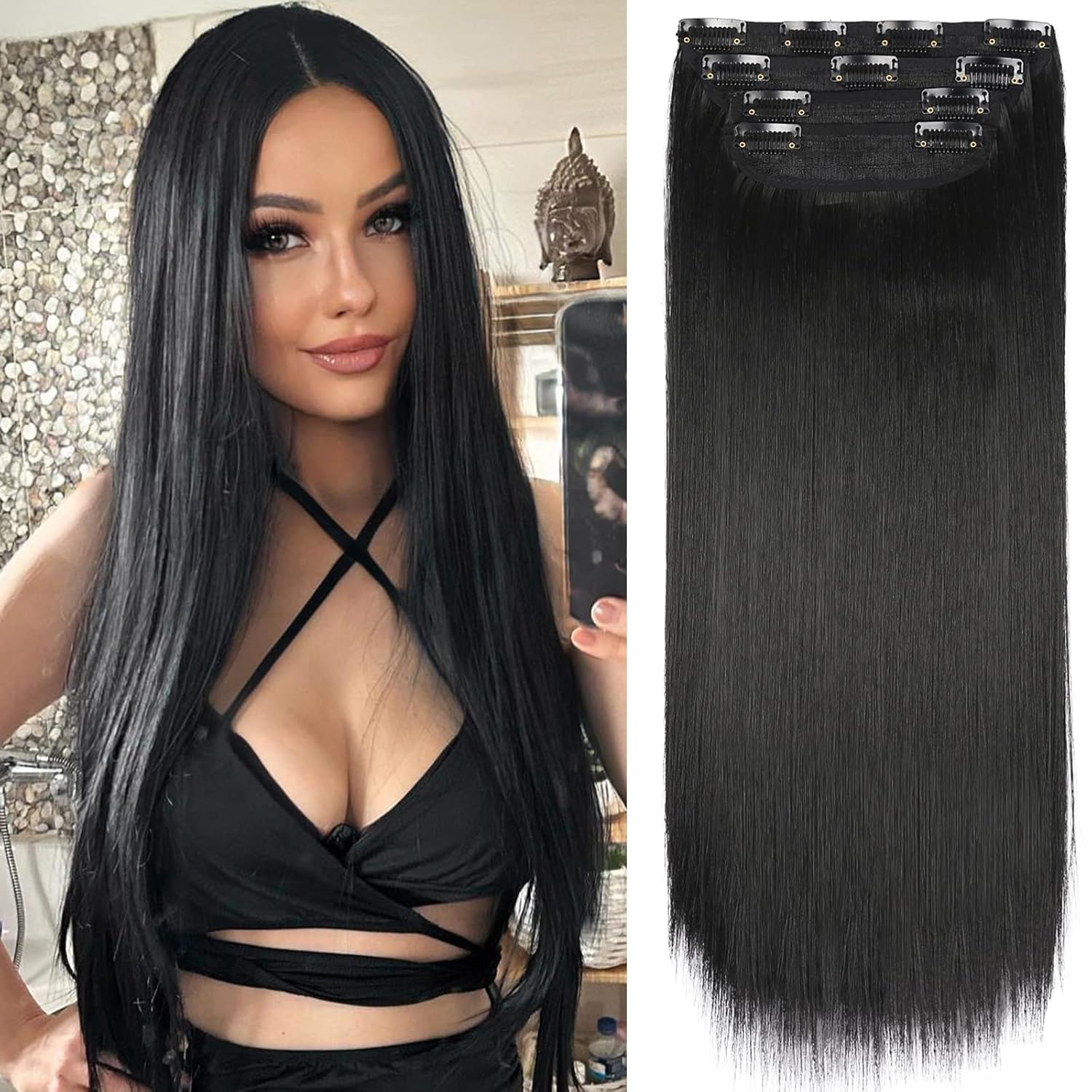 Extensions de cheveux raides à clipser 7 pièces Extensions de cheveux humains Extensions de cheveux véritables Huamn Hair Clip ins Trame PU ultra-fine