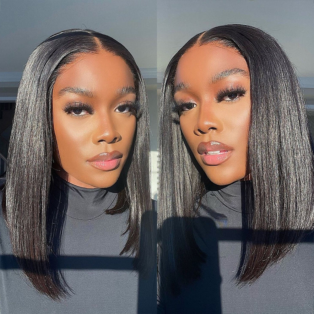 Wesface Short Bob Straight Wear Go 4x4 Pre-Cut Lace Wig Lace Closure Glueless Human Hair Wig 180% Density